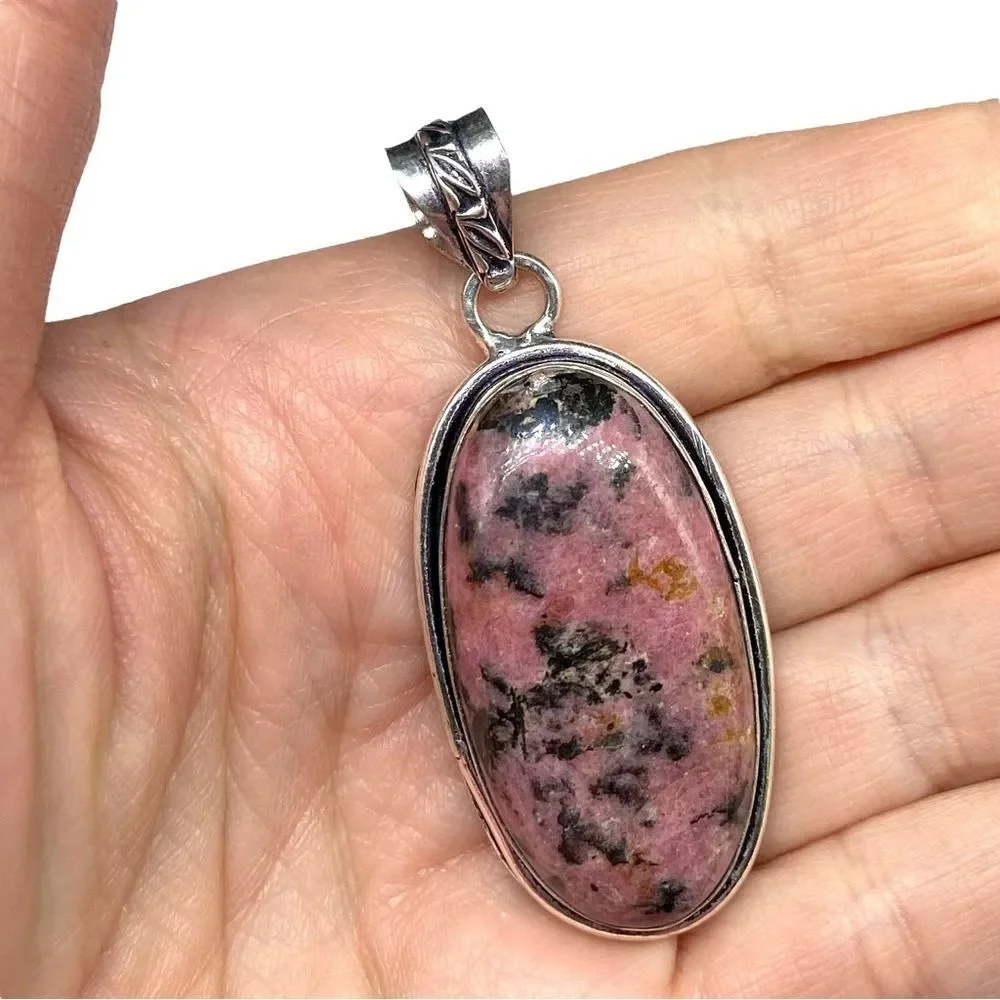 Rhodonite Necklace Pendant 925 Sterling Silver Overlay Pink Natural Stone Oval